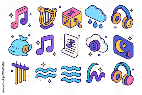 Colorful Lullaby Icons. Colorful isometric vector icons set of lullaby and soothing sounds: musical note, harp, music box, rain sounds icon, sleepy whale