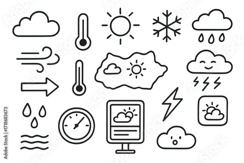 Weather Symbols Doodle. Hand-drawn doodle illustration Weather Forecasting cloud, sun, rain, snowflake, wind arrow, temperature icon, weather map, lightning,