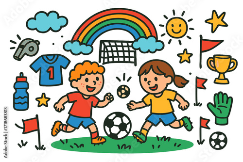 Kids' Soccer Doodles. Colorful Hand-drawn doodle Children illustration Kids Playing Soccer [soccer net, soccer ball, jersey, shoes, whistle, grass, sun,