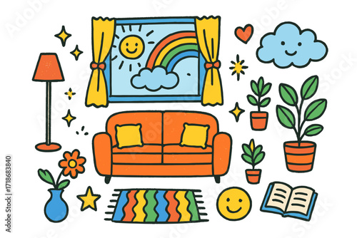 Cheerful Living Room Doodle. Colorful Hand-drawn doodle Children illustration Bright and Airy Living open window, curtains, sofa, rainbow, sun, cloud, lamp,