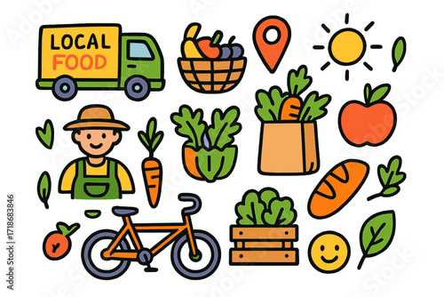 Local Food Doodle. Colorful Hand-drawn doodle Children illustration local food distribution networks delivery truck, fruit basket, map pin, farmer, grocery