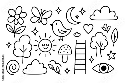 Whimsical Garden Doodles. Hand-drawn doodle illustration Whimsical garden dreamscape [flower, butterfly, bird, star, heart, sparkle, tree, mushroom, leaf, sun,