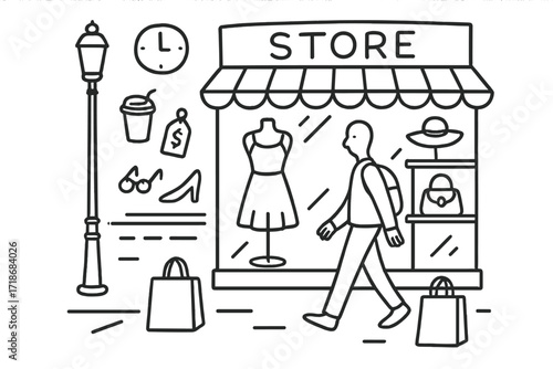 Window Shopping Doodles. Hand-drawn doodle illustration Casual window browsing Storefront, mannequin, dress, shoes, hat, bag, sunglasses, price tag, shopping