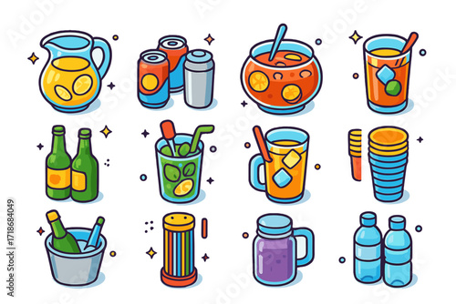 Colorful BBQ Refreshment Icons. Colorful isometric vector icons set of outdoor BBQ drinks and refreshments: lemonade jug, soda cans, fruit punch bowl, iced tea