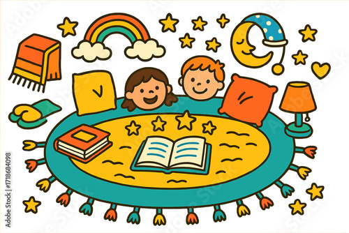 Storytime Doodle Dreamscape. Colorful Hand-drawn doodle Children illustration Cozy storytime rug books, pillows, stars, soft mat, blanket, rainbow, open book,
