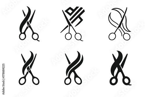 Diverse Haircare Logos. Haircare. Set Logo of Haircare: Scissors cutting hair. harmonious logo variations of the same emblematic concept, each with different
