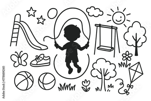 Playground Doodle Art. Hand-drawn doodle illustration Jump rope in playground [jump rope, slide, swing, ball, sneakers, child silhouette, star, sun, cloud,