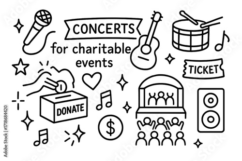 Charity Concert Icons. Hand-drawn doodle illustration Concerts for charitable events [microphone, guitar, drum, music note, ticket, stage, star, sparkle,