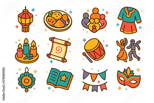 Cultural Celebration Icons. Colorful isometric vector icons set of Cultural Celebrations at Home: lanterns, traditional food platter, family gathering circle,