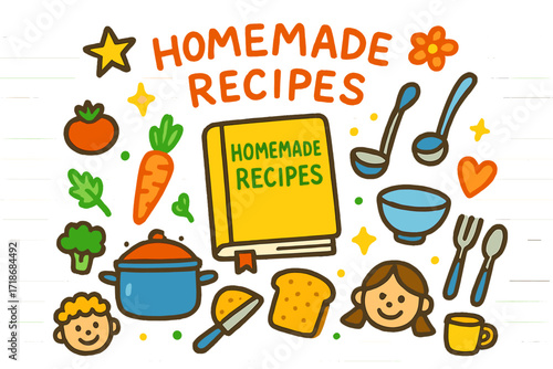 Cookbook Doodle Fun. Colorful Hand-drawn doodle Children illustration Homemade Recipes cookbook, pot, ladle, vegetables, bread, knife, spoon, fork, bowl,