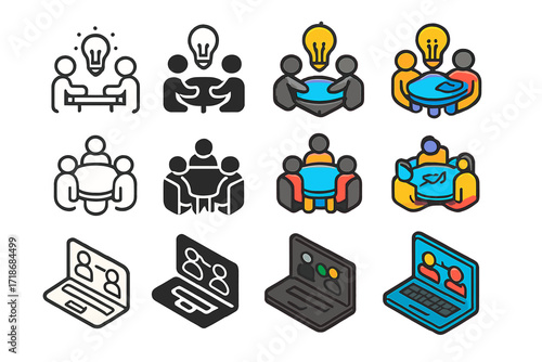 Work Collaboration Icons. Icon Set of Together at Work: Brainstorming session, Roundtable discussion, Shared laptop screen. Icons set in vector