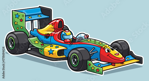 Cartoon illustration of a colorful Formula 1 race car with a smiling driver, viewed from a three-quarter angle against a light-blue background, showcasing a playful and