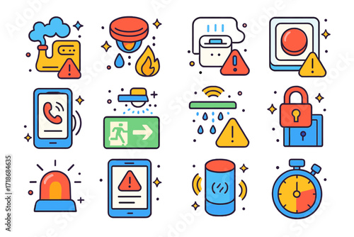 Emergency Icon Set. Colorful isometric vector icons set of Emergency alerts and automation: gas leak alert, fire detection system, water leak sensor, panic
