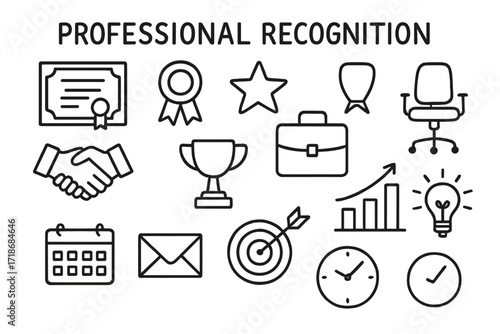 Recognition Symbols Doodle. Hand-drawn doodle illustration Professional Recognition [certificate, ribbon, star, medal, trophy, handshake, briefcase, envelope,