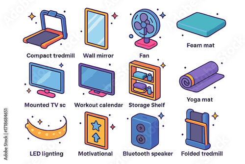 Home Gym Essentials. Colorful isometric vector icons set of home treadmill setup: compact treadmill, wall mirror, fan, foam mat, mounted TV screen, workout