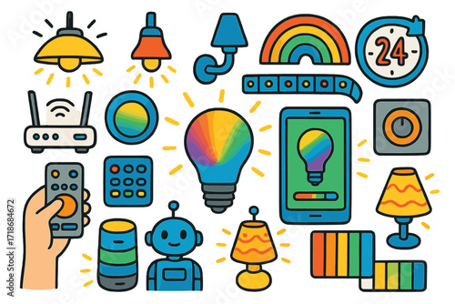 Smart Home Doodle. Colorful Hand-drawn doodle Children illustration Smart lighting at home [smart bulb, remote control, smartphone app, glowing lamp, ceiling