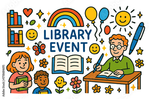 Joyful Library Adventure. Colorful Hand-drawn doodle Children illustration Library Event bookshelf, open book, author, children with books, pen,