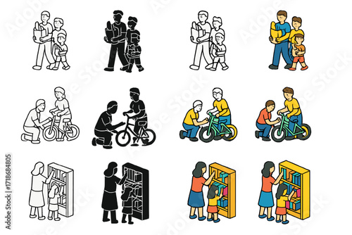 Family Teamwork Icons. Icon Set of Family teamwork: carrying groceries, fixing a bike, arranging books. Icons set in vector style, emblematic variations.