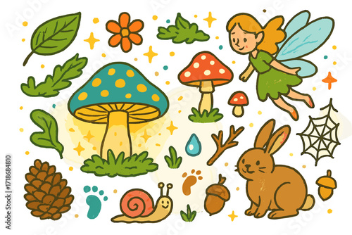 Enchanted Forest Floor. Colorful Hand-drawn doodle Children illustration Magical Forest Floor glowing mushroom, fairy, leaf, flower, sparkling dust, moss,