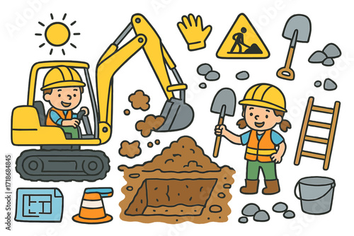 Playful Construction Scene. Colorful Hand-drawn doodle Children illustration Backhoe operators digging foundations or trenches backhoe, hard hat, safety vest,