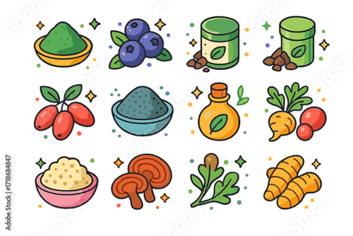 Vegan Superfoods Icons. Colorful isometric vector icons set of Vegan Superfoods: spirulina powder, acai berries, cacao nibs, matcha tin, goji berries, chia