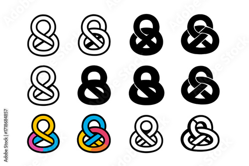 Braided Rope Logo Grid. Set Logo of Tangle: Braided rope loop. Logo set in vector style, emblematic variations. line, bold thick line, solid black filled,