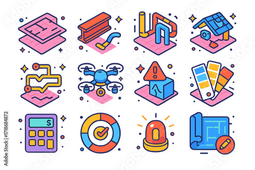 Construction VR Icons Set. Colorful isometric vector icons set of Construction Planning in VR: floorplan layer, beam placement tool, pipe routing view, HVAC
