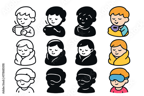 Cozy Night Icons. Icon Set of Cozy Night: Kid with hot cocoa, Kid with fuzzy blanket, Kid wearing eye mask. Icons set in vector style, emblematic variations.