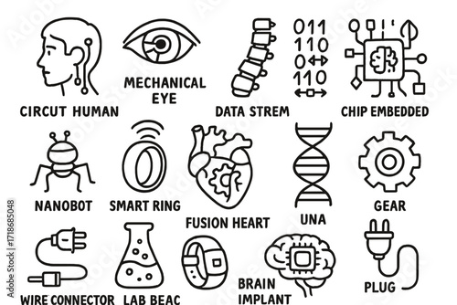 Transhumanism Iconography Doodle. Hand-drawn doodle illustration Transhumanism circuit human, mechanical eye, metal spine, data stream, chip embedded, nanobot,