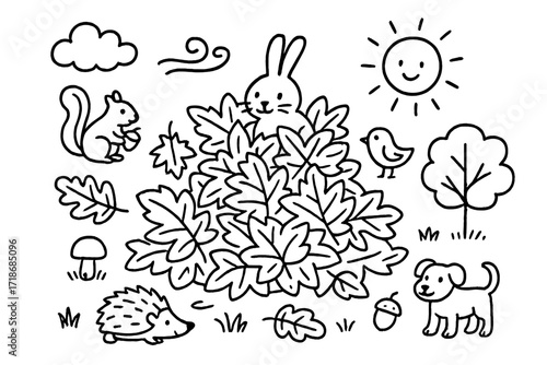 Forest Creatures in Leaves. Hand-drawn doodle illustration Leaf pile with animals [leaf pile, oak leaf, maple leaf, squirrel, hedgehog, rabbit, bird, dog,