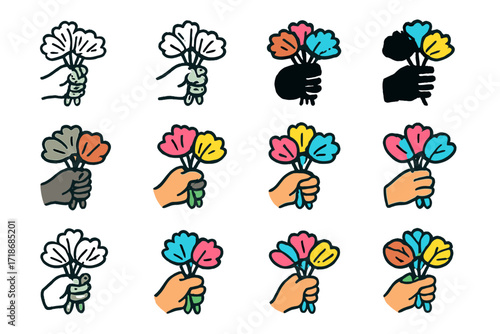 Colorful Tissue Flower Logo. Set Logo of Kids Making Tissue Paper Flowers: Tissue flower bouquet in child?s hand. Logo set in vector style,