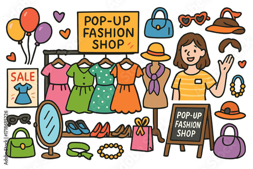 Colorful Fashion Pop-up. Colorful Hand-drawn doodle Children illustration Pop-up fashion shop clothes rack, dresses, shoes, hats, handbags, posters, balloons,