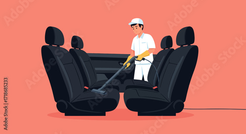 A car detailing professional vacuuming black car seats in a flat-lay illustration against a coral background, conveying a clean and efficient mood.