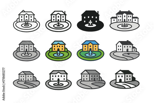 Mansion Logo Variations. Set Logo of Mansion: Private mansion driveway with fountain. Logo set in vector style, emblematic variations. line, bold thick line,