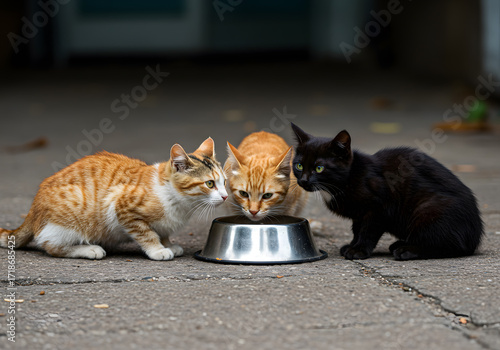 Street cats eating outdoor