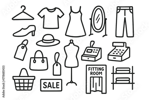 Clothing Store Doodle. Hand-drawn doodle illustration clothing shop hanger, t-shirt, dress, pants, shoes, hat, mirror, mannequin, cash register, bag, price