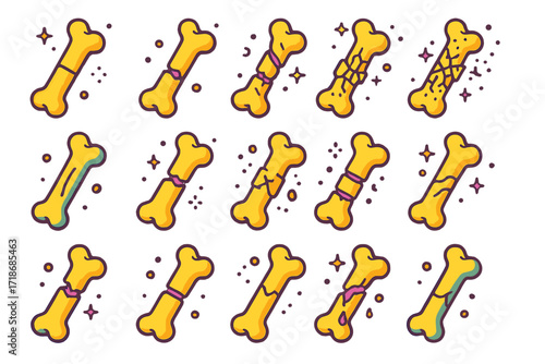 Fracture Type Icons. Colorful isometric vector icons set of fracture types: transverse fracture, oblique fracture, spiral fracture, comminuted fracture,