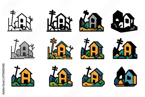Abandoned Village Logos. Set Logo of Devastated village: Abandoned village square. Logo set in vector style, emblematic variations. line, bold thick line,
