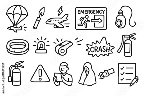 Emergency Landing Essentials. Hand-drawn doodle illustration emergency flight landing parachute, flare, emergency exit sign, oxygen mask, raft, beacon light,