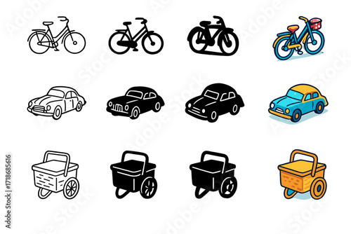 Vintage Picnic Transport Icons. Icon Set of Vintage picnic transport: retro bicycle, classic car, wicker picnic cart. Icons set in vector style, emblematic