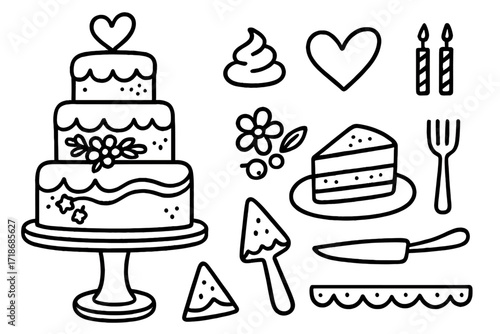 Wedding Cake Doodles. Hand-drawn doodle illustration Wedding Cake cake tiers, heart topper, frosting swirl, flowers, cake slice, plate, fork, server, candles,