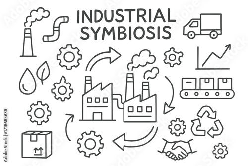 Industrial Symbiosis Doodle. Industrial symbiosis. Hand-drawn doodle illustration industrial symbiosis factories, pipes, arrows, gears, truck, package, water