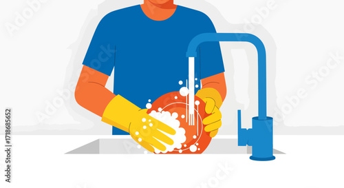 Close-up view of a person wearing yellow gloves washing a red plate under a blue faucet in a clean kitchen, illustrated in a flat style with a bright and cheerful color