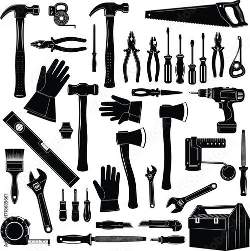 Black silhouette hand tools vector, construction equipment, DIY repair gear, toolbox essentials, workshop layout, carpentry items, home improvement, mechanical instruments