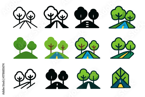 Urban Green Logos. Set Logo of Urban Green Spaces: Tree-Lined Street. Logo set in vector style, emblematic variations. line, bold thick line, solid black