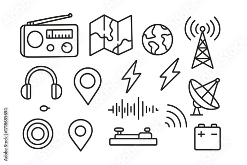 Radio Communication Doodles. Hand-drawn doodle illustration [shortwave radio communication] portable radio, map icon, antenna tower, tuning knob, world globe,