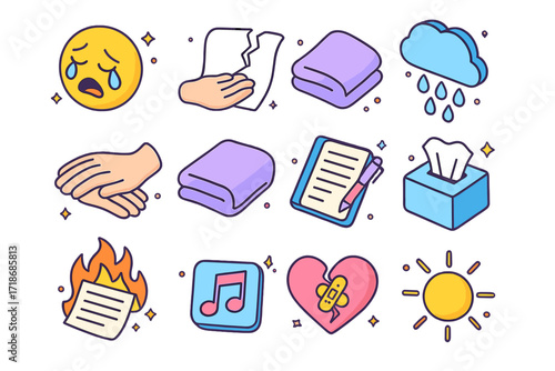 Emotional Icon Collection. Colorful isometric vector icons set of emotional catharsis: crying face, ripped paper, comforting hand, rain cloud, soft blanket,