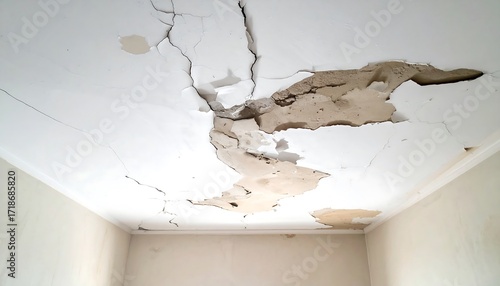 Damaged ceiling with cracks and water stains