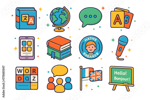 Language Learning Icons. Colorful isometric vector icons set of language learning workshops: translation book, world globe, speech bubble, flashcards, language