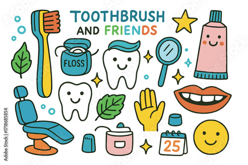 Cheerful Dental Doodle. Colorful Hand-drawn doodle Children illustration Toothbrush and Friends toothbrush, toothpaste, floss, smiling tooth, mint leaf, star,